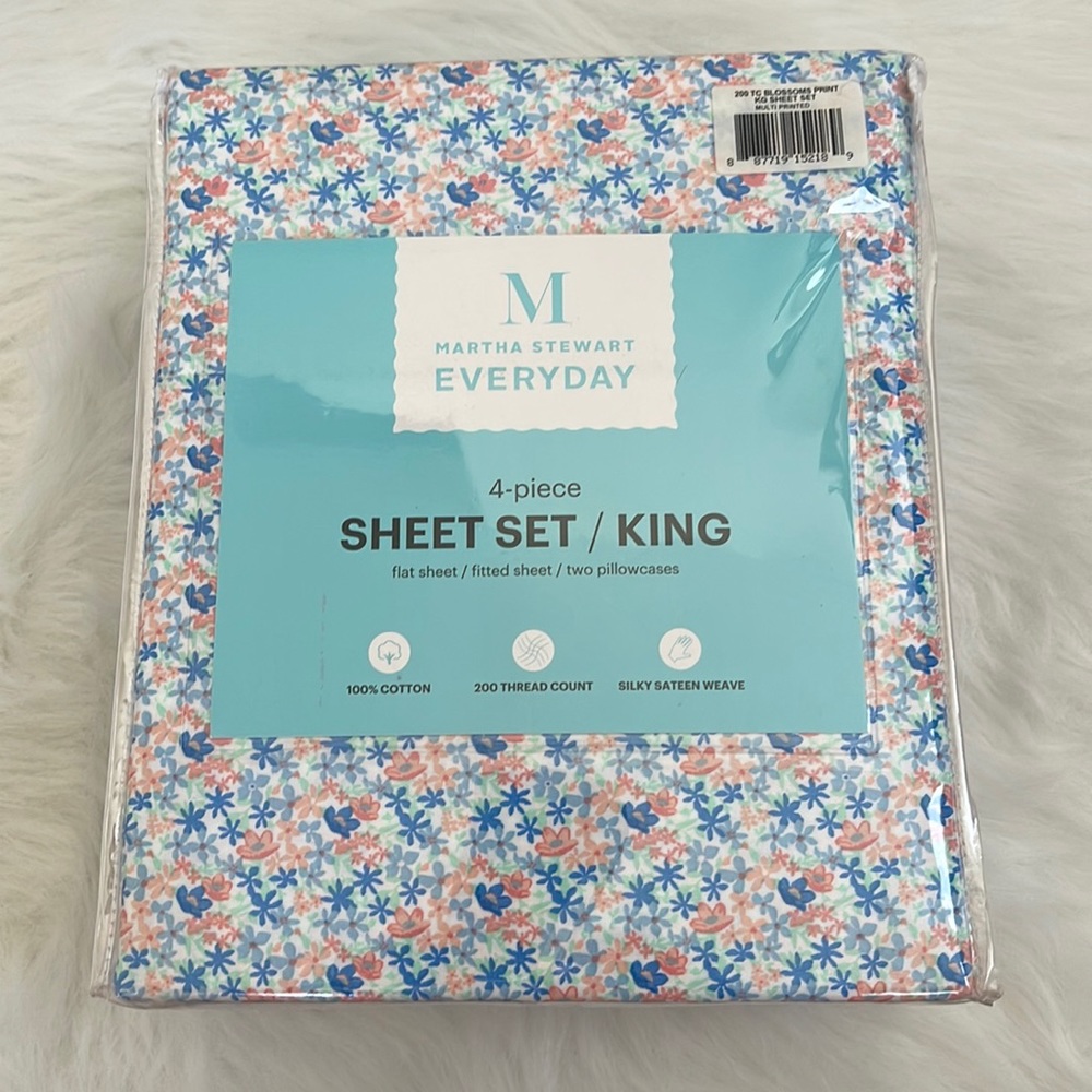 New Martha Stewart Floral King Size Sheet Set Blossoms Prints 100% Cotton